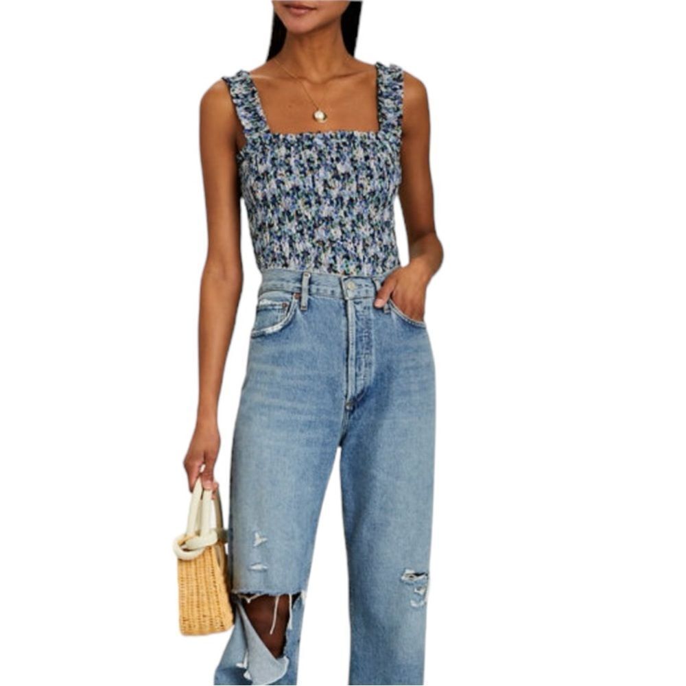 Veronica Beard Blue Floral Smocked Tank Top